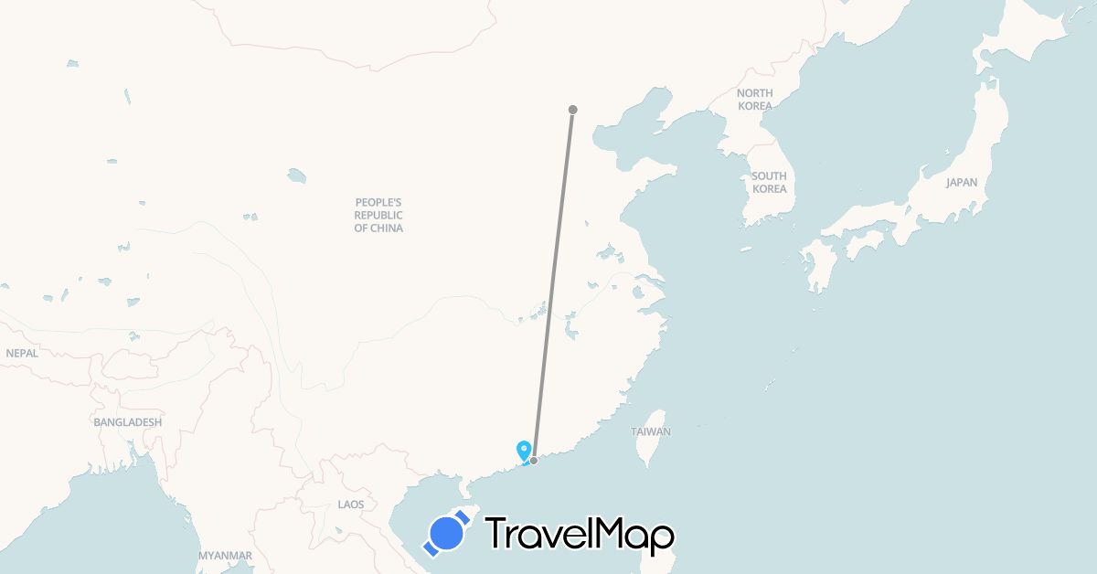 TravelMap itinerary: driving, plane, boat in China, Hong Kong, Macau (Asia)